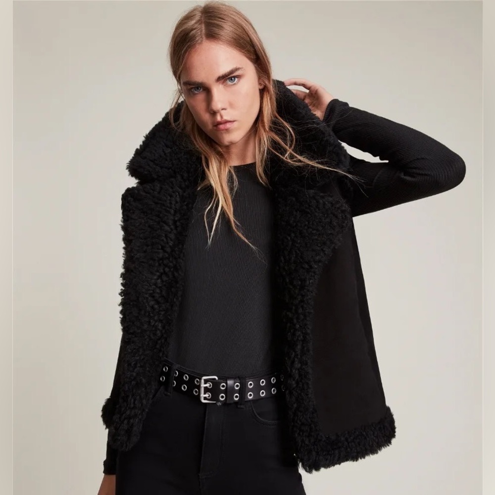 All Saints Black Shearling Vest